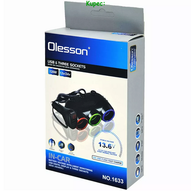 Розгалужувач прикурювача Olesson 1633 3in1 + 1USB + LCD 3.1A